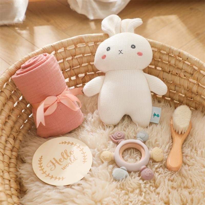 Organic soft plush baby gift set featuring hypoallergenic, non-toxic baby toys. Gentle on delicate skin, perfect for newborns and toddlers.